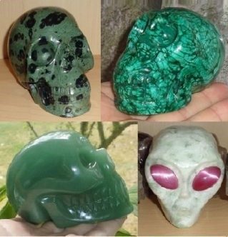 Kristallschädel Kambaba Malachit grüner Aventurin Jade rosa Augen Alien