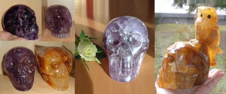 großer Amethystschädel Kristallschädel Golden Healer mit Eule Amethyst kg